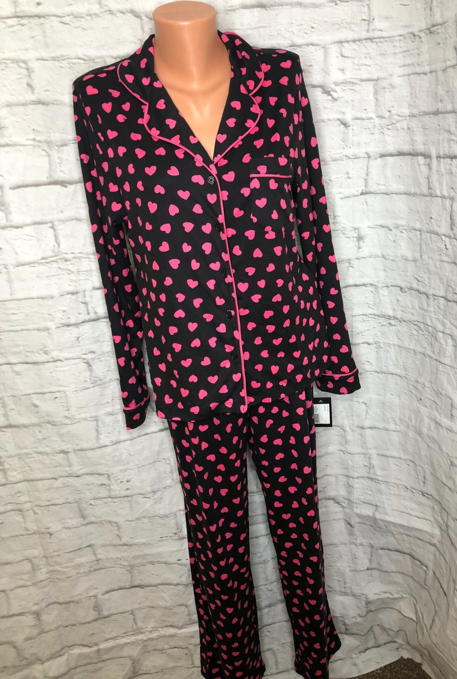 NEW KATE SPADE Size M Women's Pajama Pant Set Black Pink HEART Long Sleeve $101